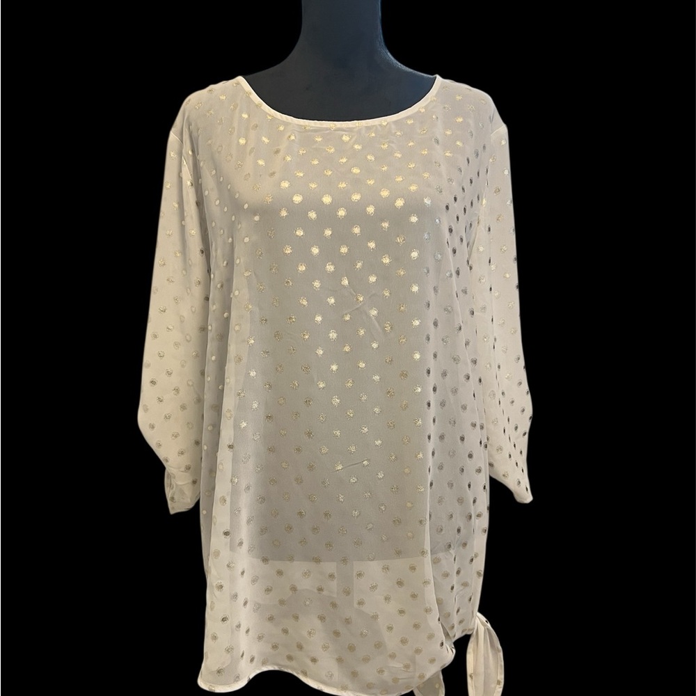 CHICO'S Size XL Sheer White Silver Polka Dots Assymetrical Tacked Sleeves Blouse - Picture 4 of 8